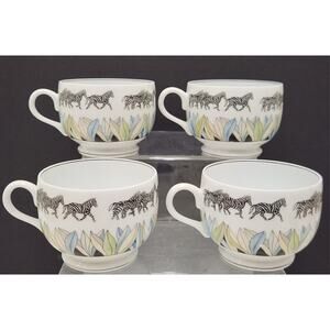 Lalique Savane Porcelaine de Limoges France Footed Demitasse Zebra Cups Set Of 4